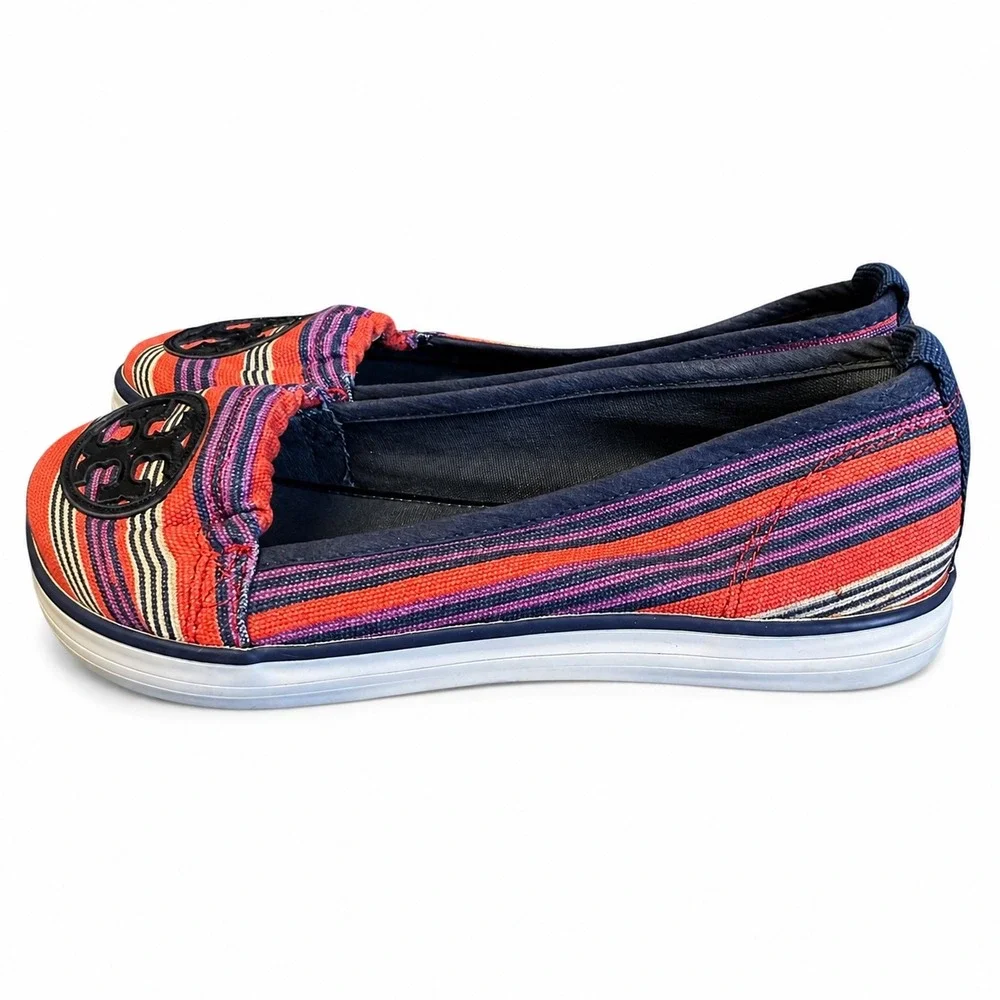 Tory Burch Striped Canvas Logo Medallion Slip On Flats Orange Multi Size 7